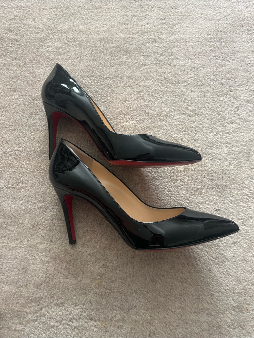 Christian Louboutin Black Patent Pointed-Toe Stiletto Pumps with Red Sole